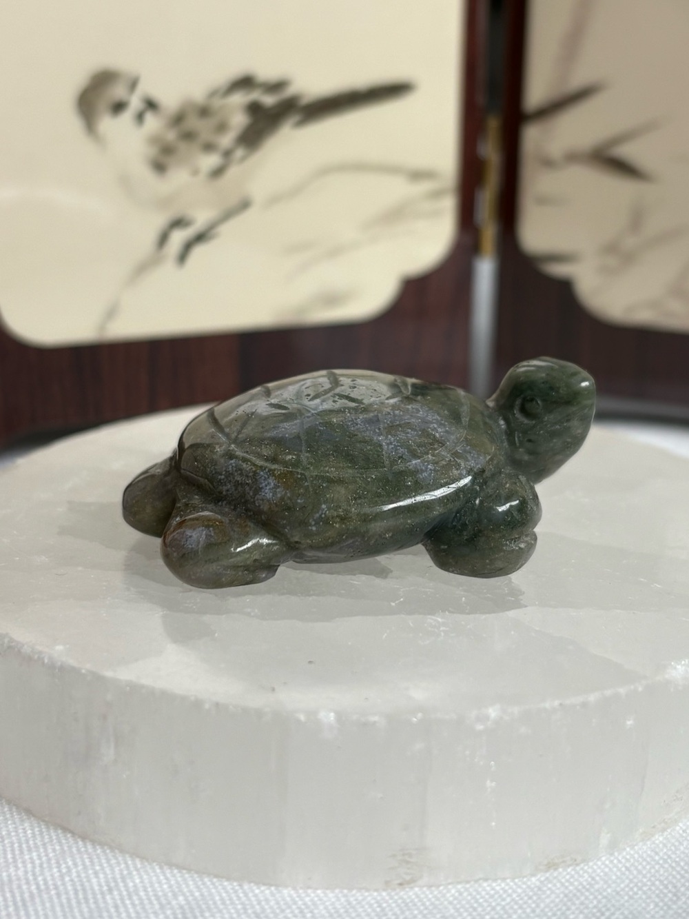 Moss agate crystal turtle carving